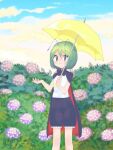  1girl antennae bangs black_cape black_shorts blue_sky blush bush cape closed_mouth cloud commentary_request cowboy_shot day eyebrows_visible_through_hair flower green_eyes green_hair hair_between_eyes holding holding_umbrella kari_(atsuki_565) looking_at_viewer outdoors pink_flower red_cape shirt short_hair shorts sky sleeveless sleeveless_shirt smile solo touhou two-sided_cape two-sided_fabric umbrella white_shirt wriggle_nightbug yellow_umbrella 