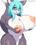  absurd_res anthro areola big_breasts blue_eyes blue_hair blush breasts canid canine canis chubby_female domestic_dog female fluffy fluffy_tail fur genitals hair hanul happy hi_res huge_breasts long_hair looking_at_viewer mammal multicolored_body multicolored_fur nipple_fetish nipple_pinch nipple_play nipples nude pinch pussy slightly_chubby smile solo soulkibble tagme two_tone_body two_tone_fur 
