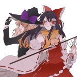  2girls ascot black_gloves black_hat black_jacket blonde_hair bow braid brown_hair chinese_commentary commentary_request detached_sleeves forbidden_scrollery frilled_bow frilled_hair_tubes frills gloves gohei hair_bow hair_tubes hakurei_reimu hat hat_bow hitte5416 holding holding_gohei jacket kirisame_marisa long_hair long_sleeves multiple_girls needle official_alternate_costume open_mouth purple_bow red_bow red_eyes red_skirt ribbon-trimmed_sleeves ribbon_trim scarf side_braid simple_background single_braid skirt skirt_set smile throwing_needles touhou white_background witch_hat yellow_ascot yellow_eyes yellow_scarf 