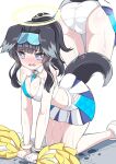  1girl all_fours animal_ears ass back black_hair blue_archive blush breasts chaos_0829 cheerleader commentary_request dog_ears dog_girl dog_tail dripping from_behind goggles goggles_on_head halo hibiki_(blue_archive) hibiki_(cheer_squad)_(blue_archive) highres holding holding_pom_poms long_hair millennium_cheerleader_outfit_(blue_archive) official_alternate_costume open_mouth panties pom_pom_(cheerleading) simple_background skirt solo stain star_(symbol) star_sticker steaming_body sticker sticker_on_arm sticker_on_face sweat sweat_stain sweatdrop sweaty_breasts sweaty_clothes tail thighs underwear upskirt very_sweaty wet white_background white_panties yellow_halo 