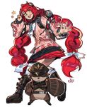  1girl absurdres black_hat boots bow braid braided_twintails brown_boots cardigan chest_bow commentary crossed_arms english_commentary from_side graysheartart green_eyes hair_bow hair_ornament hat hearing_aid highres kamanosuke_(zenless_zone_zero) light_blush long_hair looking_at_viewer loose_thighhigh multiple_hair_bows open_mouth pink_cardigan raccoon red_hair simple_background sketch sphere_hair_ornament star_(symbol) tanuki ukinami_yuzuha v v_over_head white_background white_bow zenless_zone_zero 