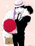  2boys black_suit blue_necktie blush flower formal hat himoshiki incest male_focus matsuno_ichimatsu matsuno_karamatsu multiple_boys necktie one_eye_closed osomatsu-san pulled_by_another purple_shirt rose shirt smile suit white_shirt white_suit yaoi 