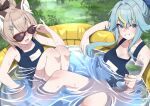  2girls absurdres animal_ear_fluff animal_ears blue_eyes blue_hair bow commentary cup drinking_glass english_commentary fang green_liquid hair_bow hair_ornament highres kaminari_clara komachi_panko multicolored_hair multiple_girls phase_connect pool school_swimsuit smile streaked_hair sunglasses swimsuit valefal_coneri virtual_youtuber water wine_glass 