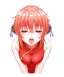  blue_eyes blush breasts breasts_squeezed_together closed_eyes gintama highres kagura_(gintama) open_mouth red_hair tairakazuyoshi tongue tongue_out white_background 