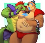  2022 abs absurd_res alligator alligatorid anthro anthro_on_anthro armband belly belt blue_background blush border bottomwear bow_tie bulge claws clothing crocodilian cutoffs denim denim_clothing duo embrace eyebrows eyewear facial_markings fingerless_gloves five_nights_at_freddy&#039;s five_nights_at_freddy&#039;s:_security_breach flustered frown glamrock_freddy_(fnaf) gloves hair handwear hat head_markings headgear headwear hi_res justshu looking_at_another male male/male mammal markings mohawk montgomery_gator_(fnaf) moobs muscular muscular_anthro muscular_male narrowed_eyes navel nipples non-mammal_nipples open_mouth open_smile overweight overweight_anthro overweight_male pecs reptile scalie scottgames shorts shoulder_pads simple_background smile spiked_armband spikes standing sunglasses teeth thong tongue tongue_out top_hat underwear ursid video_games white_border 