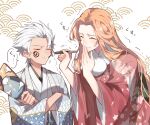  1boy 1girl bleach blue_haori breasts closed_eyes commentary commission crossed_arms english_commentary facepaint floral_print frown furisode hagoita hakama hand_to_own_mouth hanetsuki haori highres hitsugaya_toushirou holding holding_paddle holding_paintbrush japanese_clothes kimono large_breasts leaning_forward long_hair matsumoto_rangiku mole mole_under_mouth obi open_mouth orange_hair paddle paintbrush red_kimono saba_miso sash second-party_source skeb_commission smile stifled_laugh trembling white_hair wide_sleeves 