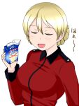  1girl bangs blonde_hair braid closed_eyes commentary darjeeling_(girls_und_panzer) facing_viewer girls_und_panzer holding_carton jacket long_sleeves military military_uniform milk_carton open_mouth red_jacket short_hair simple_background smile solo st._gloriana&#039;s_military_uniform tanaka_rikimaru translated twin_braids uniform upper_body white_background 