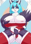  anthro big_breasts blue_eyes blue_hair blush breast_grab breasts canid canine canis christmas christmas_clothing clothing clothing_aside domestic_dog female fluffy fluffy_tail fur genitals hair hand_on_breast hanul hi_res holidays huge_breasts inviting legwear looking_at_viewer mammal multicolored_body multicolored_fur panties panties_aside pencilsquire pussy red_clothing red_legwear red_thigh_highs solo spread_pussy spreading tagme thigh_highs thong tongue tongue_out two_tone_body two_tone_fur underwear underwear_aside 