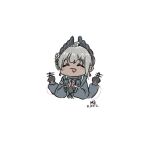  1girl ^_^ ahoge arknights bar_censor black_gloves black_jacket black_shirt blush censored censored_gesture chibi closed_eyes commentary_request cropped_torso dark-skinned_female dark_skin double_middle_finger extra_arms gloves grey_hair jacket long_sleeves middle_finger open_mouth puffy_long_sleeves puffy_sleeves raidian_(arknights) shirt simple_background solo steepled_fingers twitter_username upper_body white_background zagashira 