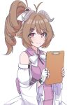  1girl absurdres animal_ears ardelia_(arknights) arknights arknights:_endfield bare_shoulders bow bowtie brown_hair clipboard closed_mouth commentary curled_horns detached_sleeves eyjafjalla_(arknights) fingerless_gloves gloves grey_horns hair_ornament hairclip highres holding holding_clipboard horns light_blush long_sleeves looking_at_viewer medium_hair pink_eyes risu_(risu028) sheep_ears sheep_girl sheep_horns simple_background sleeveless smile solo white_background white_bow white_bowtie white_gloves white_sleeves wide_sleeves 