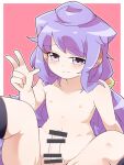  1boy bangs black_legwear blush closed_mouth commentary_request erection eyebrows_visible_through_hair feet_out_of_frame hacka_doll hacka_doll_3 long_hair looking_at_viewer male_focus nipples nude otoko_no_ko penis pink_background purple_eyes purple_hair smile solo testicles thighhighs two-tone_background w white_background yuuutsu_shan 