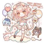  1boy 2girls :3 :d :t absurdres animal_ears arknights asymmetrical_legwear balloon blue_eyes blue_hair blue_thighhighs bow braid brown_hair cake cat cat_ears cat_girl cat_tail checkered_clothes checkered_legwear checkered_socks checkered_thighhighs chibi chibi_inset chinese_commentary chuntangmo_no_shou closed_mouth commentary_request creator_connection dated food food_on_face fork frilled_hairband frills goldenglow_(arknights) hairband happy_birthday highres holding holding_fork holding_plate kneehighs long_hair mismatched_legwear mizuki_(arknights) multiple_girls open_mouth pepe_(arknights) pink_cat pink_eyes pink_hair pink_socks plate procreate_(medium) short_sleeves side_braid single_braid single_kneehigh single_sock single_thighhigh smile socks tail thighhighs variant_set white_wings wings yellow_cat yellow_eyes 