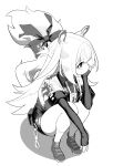  1girl absurdres animal_ears artist_request boots commentary_request full_body greyscale highres ju_fufu long_hair monochrome shoes shorts sleeves_past_wrists sneakers solo squatting tail thighs tiger_ears tiger_girl tiger_tail white_background zenless_zone_zero 