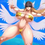  1girl angel angel_wings angewomon bikini blue_background blue_sky covered_eyes cowboy_shot dclaret digimon digimon_(creature) gold_bikini head_wings helmet helmet_over_eyes highres midair multiple_wings ocean sky solo swimsuit white_wings wings 