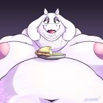  absurd_res anthro big_breasts bodily_fluids bovid breasts caprine drooling eating eating_food female fur goat half-closed_eyes hi_res huge_breasts mammal narrowed_eyes navel nipples obese open_mouth organs overweight saliva slumped solo stomach toriel undertale undertale_(series) unonyx video_games white_body white_fur 