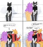 2025 anthro bench biped black_body black_clothing black_eyes black_fur black_shirt black_topwear blush canid canine clothing domestic_cat empty_eyes english_text felid feline felis female fox fur group hi_res homophobic_slur jacket male mammal murace4 on_bench purple_body purple_fur red_clothing red_jacket red_topwear shirt sitting sitting_on_bench speech_bubble text topwear trio yellow_body yellow_fur