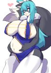  &lt;3 absurd_res anthro areola areola_slip aspirindabaitu big_breasts blue_eyes blue_hair breasts canid canine canis clothing domestic_dog female fluffy fluffy_tail hair hands_on_belly hanul hi_res kneeling legwear mammal pregnant solo thick_thighs thigh_highs tongue tongue_out wide_hips 