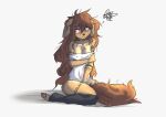 anthro apogee_(tinygaypirate) arm_tuft bare_shoulders black_nose black_pawpads blush breasts brown_body brown_eyes brown_fur brown_hair butt_tuft canid canine canis cheek_tuft cleavage clothed clothing cowlick domestic_dog elbow_tuft emanata eyebrow_through_hair eyebrows facial_markings facial_piercing facial_tuft female floppy_ears frown fur furgonomics furry-specific_piercing grey_background hair hand_between_legs hand_on_arm head_markings hi_res leg_tuft leg_warmers legwear long_hair looking_aside mammal markings messy_hair mottled mottled_pawpads muzzle_piercing nipple_outline nose_piercing pawpads piercing pink_pawpads shadow short simple_background sitting slim small_breasts solo spitz tail_between_legs tinygaypirate translucent translucent_hair tuft 
