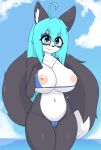  absurd_res anthro areola beach big_breasts blue_eyes blue_hair breasts camel_toe canid canine canis domestic_dog fangs female fluffy fluffy_tail hair hanul hi_res mammal nipples seaside solo sukoshiseto tagme thick_thighs water wide_hips 