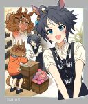  2girls ahoge animal_ears apron black_apron black_hair black_shorts blue_eyes blush braid brown_hair closed_eyes collared_shirt commentary_request cosmetics ear_ornament fuji_kiseki_(umamusume) hair_between_eyes hair_ornament hairclip half_up_half_down_braid highres hood hooded_jacket horse_ears horse_girl horse_tail jacket jungle_pocket_(casual)_(umamusume) jungle_pocket_(umamusume) korean_commentary lanyard long_sleeves medium_hair motion_lines multicolored_hair multiple_girls name_tag notched_ear open_mouth orange_jacket outside_border shirt shoes short_hair short_sleeves shorts smile socks tail trembling ttuk_san umamusume white_hair white_shirt white_socks yellow_eyes 