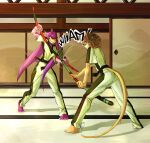 anthro avian beak bird brown_body brown_hair claws clothed clothing countershade_face countershading dojo door duo feet female gloves_(marking) hair hazmat_(character) hi_res hirundinid male male/female mammal markings mouse murid murine oiioxoiio oscine passerine purple_body rodent sega sliding_door sonic_riders sonic_the_hedgehog_(series) sound_effects staff swallow_(bird) tail toe_claws toes training training_room wave_the_swallow