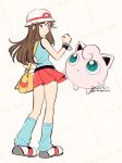  1girl :o bag black_background blue_eyes blue_leg_warmers blue_shirt brown_hair floating full_body hat highres jigglypuff leaf_(pokemon) leg_warmers long_hair looking_at_another looking_at_viewer pink_fur pokemon pokemon_(creature) pokemon_adventures pokemon_frlg ponkinoponkino red_skirt shirt shoes shoulder_bag skirt sleeveless sleeveless_shirt standing white_background white_hat white_shoes wristband yellow_bag 