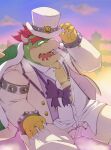  2022 anthro belly big_belly blush bottomwear bow_tie bowser clothing emufu hat headgear headwear hi_res humanoid_hands kemono koopa male mario_bros nintendo outside overweight overweight_male pants scalie shirt sitting solo topwear video_games weat 