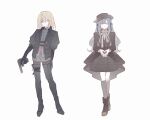  2girls absurdres alternate_costume bang_dream! bang_dream!_it's_mygo!!!!! black_boots black_gloves black_hat black_jacket black_pantyhose black_skirt blonde_hair blue_hair boots chinese_commentary closed_mouth commentary_request full_body gloves grey_shirt grey_shorts grey_socks gun hat highres holding holding_gun holding_weapon jacket long_hair long_sleeves looking_at_viewer medium_hair misumi_uika multiple_girls neck_ribbon own_hands_together pantyhose purple_eyes ribbon shirt shorts simple_background skirt socks standing thigh_boots tian_cheng_hua togawa_sakiko weapon white_background yellow_eyes 