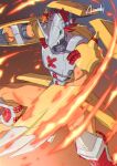  2021 amasaki anthro armor bandai_namco claws digimon digimon_(species) finger_claws fire green_eyes grey_armor hair hi_res horn orange_body red_hair signature solo wargreymon yellow_armor 