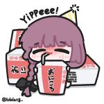  1girl alcohol_carton black_bow blunt_bangs blush bocchi_the_rock! bow braid chibi chibi_only closed_eyes drink_carton drinking drinking_straw drunk facing_viewer full_body hair_bow happy hashtag-only_commentary hat highres hiroi_kikuri long_hair lulalang mini_hat mini_party_hat party_hat purple_hair simple_background single_braid smile solo twitter_username white_background 
