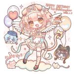  1boy 2girls :3 :d absurdres animal_ears arknights asymmetrical_legwear balloon blue_eyes blue_hair blue_thighhighs bow braid brown_hair cake cat cat_ears cat_girl cat_tail checkered_clothes checkered_legwear checkered_socks checkered_thighhighs chibi chibi_inset chinese_commentary chuntangmo_no_shou closed_mouth commentary_request creator_connection dated food fork frilled_hairband frills goldenglow_(arknights) hairband happy_birthday highres holding holding_fork holding_plate kneehighs long_hair mismatched_legwear mizuki_(arknights) multiple_girls open_mouth pepe_(arknights) pink_cat pink_eyes pink_hair pink_socks plate procreate_(medium) short_sleeves side_braid single_braid single_kneehigh single_sock single_thighhigh smile socks tail thighhighs variant_set white_wings wings yellow_cat yellow_eyes 
