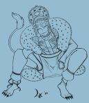 2025 alien alien_humanoid anklet asymmetrical_clothing black_and_blue blue_background boa_(clothing) bottomwear circle_eyebrows clothed clothing cute_fangs ear_piercing ear_ring eyebrows fangs headdress hi_res humanoid jewelry loincloth male monochrome nails pants piercing ring_piercing salaciouslx sharp_nails signature simple_background sitting sketch solo tail tail_tuft teeth tuft