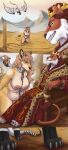  absurd_res angry anthro areola bound breasts chain chained chained_collar chair clothed clothing comic crown deer digital_media_(artwork) feet felid female feral flying fur furniture genitals giraffe giraffid group hair hairy_vulva hands_tied_behind_back headgear hi_res hybrid king kneeling lion male mammal mythological_creature mythology nipples nude outdoor_nudity outside pantherine paws royalty sitting sky smile tail throne toes trio tvard vulva wings 