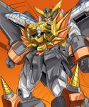  absurdres clenched_hands drill english_commentary gao_ex_kaiser gaogaigar highres looking_down mecha no_humans orange_background orange_eyes science_fiction solo super_robot v-fin yuusha_ou_gaogaigar yuusha_series 