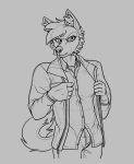  anthro bottomwear canid canine clothed clothing hi_res jacket male mammal muscular muscular_male pants pecs shirt smile smirk solo topwear undershirt 