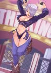  1girl ahoge angel_(kof) blue_eyes boots breasts chaps cleavage cropped_jacket fingerless_gloves gloves hair_over_one_eye highres jacket large_breasts leather leather_jacket midriff navel panties seed01010 short_hair smile solo the_king_of_fighters underwear 