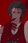 1boy biting biting_glove black_hair chest_harness commentary_request fate/grand_order fate_(series) gloves harness hijikata_toshizou_(fate) kabedon_on_viewer looking_at_viewer male_focus red_background red_eyes shinkai_kiiro shirt short_hair simple_background solo upper_body white_shirt 