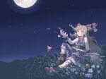  02charaice20 1girl absurdres blonde_hair boots bow brown_boots brown_horns commentary cuffs english_commentary footwear_bow full_moon hair_bow highres horn_ornament horn_ribbon horns ibuki_suika lace-up_boots long_hair moon night on_grass oni outdoors pixel_art purple_skirt red_bow ribbon shackles shirt sitting skirt sky solo touhou very_long_hair white_shirt wrist_cuffs yellow_bow 