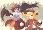  02charaice20 2026 2girls absurdres alternate_costume bandana blonde_hair blue_shirt blush brown_hat brown_horns brown_jacket brown_wings chinese_commentary chinese_zodiac commentary_request cowboy_hat fang hair_around_horn hat highres horns ibuki_suika jacket kurokoma_saki long_sleeves multiple_girls new_year oni open_mouth orange_skirt pixel_art puffy_short_sleeves puffy_sleeves red_eyes shirt short_sleeves skin_fang skirt smile touhou white_bandana wings year_of_the_horse yellow_eyes 