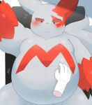  2022 5_fingers absurd_res ai_only_dream anthro belly black_claws blush claws cute_fangs disembodied_hand duo fingers fur grey_body grey_fur hand_on_stomach hi_res looking_down multicolored_body multicolored_fur nintendo pok&eacute;mon pok&eacute;mon_(species) red_body red_ears red_fur solo solo_focus teeth two_tone_body two_tone_fur video_games zangoose 