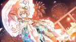 1girl absurdres aerial_fireworks cecilia_immergreen cecilia_immergreen_(new_year) commentary commission double_bun dutch_angle english_commentary fireworks frilled_sleeves frills green_eyes green_hair hair_between_eyes hair_bun hair_ornament highres holding holding_umbrella hololive hololive_english japanese_clothes kghazir kimono long_sleeves looking_at_viewer multicolored_hair night obi outdoors parasol railing sash short_hair sky smile solo star_(sky) starry_sky two-tone_hair umbrella vgen_commission virtual_youtuber wide_sleeves winding_key 