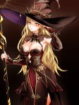  1girl absurdres bangs blonde_hair breasts brown_background cleavage closed_mouth detached_sleeves dress earrings halter_dress halterneck hand_up hat highres holding holding_staff jewelry kushinaka large_hat long_dress long_hair looking_at_viewer medium_breasts nijisanji solo staff standing takamiya_rion witch_hat yellow_eyes 
