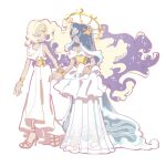  2girls :d \||/ absurdly_long_hair absurdres arms_at_sides bare_arms bare_shoulders belt blonde_hair blue_eyes blue_hair blush bracelet breasts brown_shoes cleavage colored_eyelashes colored_inner_hair commentary cookie_run cookie_run:_kingdom crescent dress eye_contact floating_hair forehead_jewel frilled_dress frills full_body gold_belt gold_bracelet grin hair_ornament hair_over_one_eye high_heels highres holding_hands humanization jewelry liquid_hair long_dress long_hair looking_at_another moonlight_cookie moonlight_cookie_(crescent_guardian) multicolored_hair multiple_girls no_sclera nose_blush off-shoulder_dress off_shoulder official_alternate_costume official_alternate_hair_color one_eye_covered open-toe_shoes purple_eyes purple_hair rude_rudy sea_fairy_cookie sea_fairy_cookie_(rippling_moonlight) see-through_clothes see-through_dress shoes short_sleeves simple_background sleeveless sleeveless_dress small_breasts smile sparkle standing star_(symbol) star_hair_ornament symbol-only_commentary two-tone_hair very_long_hair white_background white_dress white_eyelashes white_shoes yellow_belt 