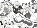  1girl apron bow braid broom character_name chinese_commentary chinese_text commentary_request crossed_arms forbidden_scrollery gloves greyscale hair_bow hat hat_bow hitte5416 holding holding_broom jacket kirisame_marisa long_hair long_sleeves monochrome multiple_views neck_ribbon official_alternate_costume ribbon side_braid single_braid skirt touhou translation_request vest waist_apron witch_hat 