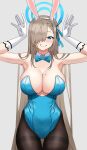  1girl absurdres animal_ears arms_up ass_visible_through_thighs asuna_(blue_archive) asuna_(bunny_girl)_(blue_archive) bangs blue_archive blue_bow blue_bowtie blue_eyes blue_leotard bow bowtie breasts cleavage cowboy_shot detached_collar fake_animal_ears fujioni gloves grey_background hair_over_one_eye halo highres large_breasts leotard looking_at_viewer mole mole_on_breast one_eye_covered open_mouth pantyhose playboy_bunny rabbit_ears simple_background smile solo strapless strapless_leotard thigh_gap white_gloves 
