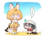  2girls :3 :p animal_ear_fluff animal_ears animal_print bare_shoulders black_gloves black_hair black_pantyhose blonde_hair blush_stickers bow bowtie brown_shoes cat_ears cat_girl cat_tail chibi chibi_only closed_mouth commentary_request elbow_gloves full_body gloves grass grey_helmet grey_shorts hat_feather helmet highres kaban_(kemono_friends) kemono_friends meme multiple_girls o_o open_mouth orange_bow orange_bowtie pantyhose pantyhose_under_shorts pith_helmet print_bow print_bowtie print_gloves print_skirt ransusan red_shirt serval_(kemono_friends) shirt shoes short_hair short_sleeves shorts skirt sleeveless sleeveless_shirt speakiposting_(meme) speech_bubble standing tail tongue tongue_out translation_request trembling trickcal two-tone_bow two-tone_bowtie white_bow white_bowtie white_shirt white_shoes 