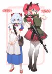  2girls abbystea animal_ears apron assault_rifle blue_dress blue_eyes boots cat_ears check_commentary check_translation commentary_request dress gloves green_gloves gun hair_intakes heart heart_hands high_heels highres kalashnikov_rifle load_bearing_vest multiple_girls open_mouth original red_dress red_hair ribbon_of_saint_george rifle russian_commentary russian_flag russian_text speech_bubble thigh_boots translation_request weapon white_hair wrench 