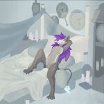 1:1 absurd_res andromorph anthro biped black_stripes candle claws clock coin_slot colored demon detailed_background ear_piercing fluffy fluffy_hair fur gauged_ear genitals glowing glowing_claws glowing_eyes glowing_markings glowing_piercing glowing_stripes green_piercing grey_body grey_fur hair hi_res huge_filesize hybrid hyena intersex long_hair long_tail looking_at_viewer lying mammal markings multiple_piercings navel navel_piercing nipple_piercing nipples nude on_back pawpads paws piercing purple_hair shaded solo stripes tail tail_tuft tannith_hyena tannith_iceheart tuft vulva white_claws white_eyes white_stripes white_tuft