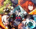  2girls 3boys absurdres alternate_costume angry arlecchino_(genshin_impact) battle blue_eyes blue_hair claymore_(sword) collei_(genshin_impact) diluc_(genshin_impact) dottore_(genshin_impact) dottore_(manga)_(genshin_impact) fighting fighting_stance fire genshin_impact green_hair gun highres imminent_attack mask moon multiple_boys multiple_girls musanix peruere_(genshin_impact) pink_eyes red_eyes red_hair rifle scaramouche_(genshin_impact) scythe snider_enfield wanderer_(genshin_impact) weapon white_hair 