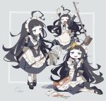  >_< 1girl @_@ absurdres ahoge aida_(aidia) apron banana_peel black_dress black_hair black_shoes blue_eyes blunt_bangs broom closed_eyes closed_mouth commentary_request cup dress duster expressive_hair full_body green_ribbon grey_background highres holding holding_broom holding_duster juliet_sleeves long_hair long_sleeves maid maid_headdress multiple_views neck_ribbon open_mouth original outline pantyhose puffy_sleeves ribbon saucer shoes signature sitting spill spoon teacup tears white_apron white_outline white_pantyhose 